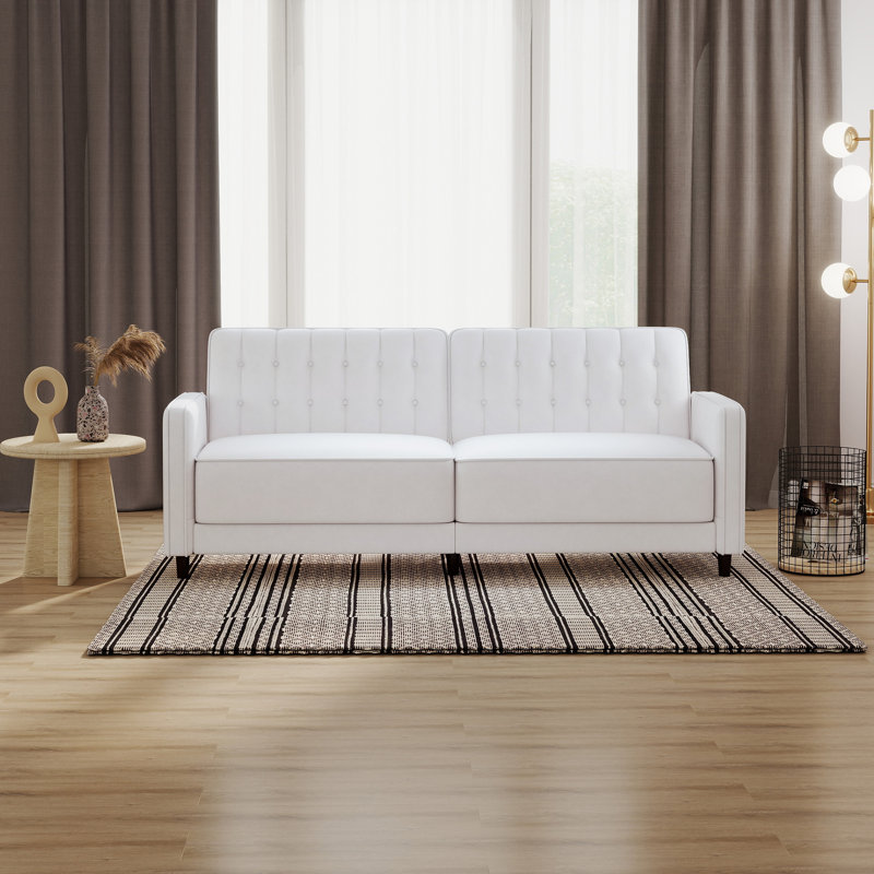 81.5" Wide Faux Leather Convertible Sleeper Sofa With Tufted Back, White Faux Leather