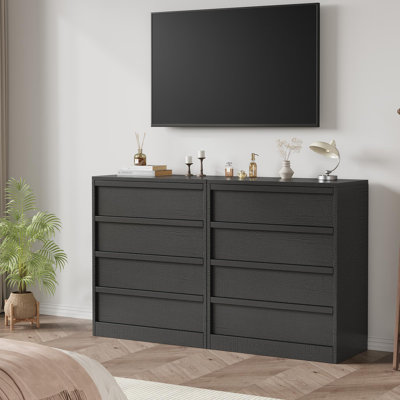 Black Wood Grain 4-Drawer Bedside Table, PB Chest with Wood Handles, Spacious Multi-Room Organizer