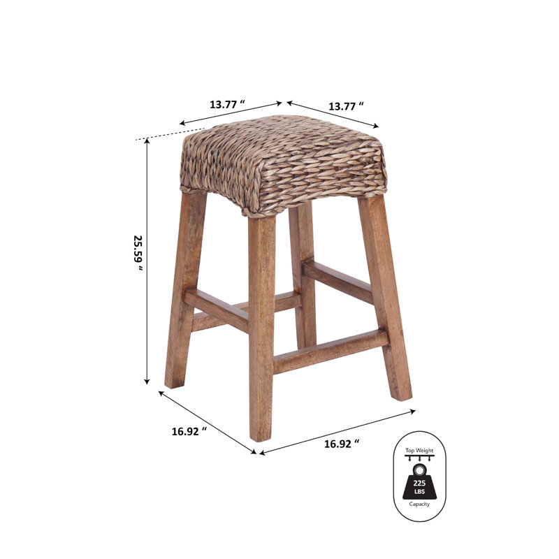 Maui Coastal 26" Woven Water Hyacinth Backless Counter Stool, Solid Mango Wood Frame with Integrated Footrest for Kitchen Island, Brown Wash