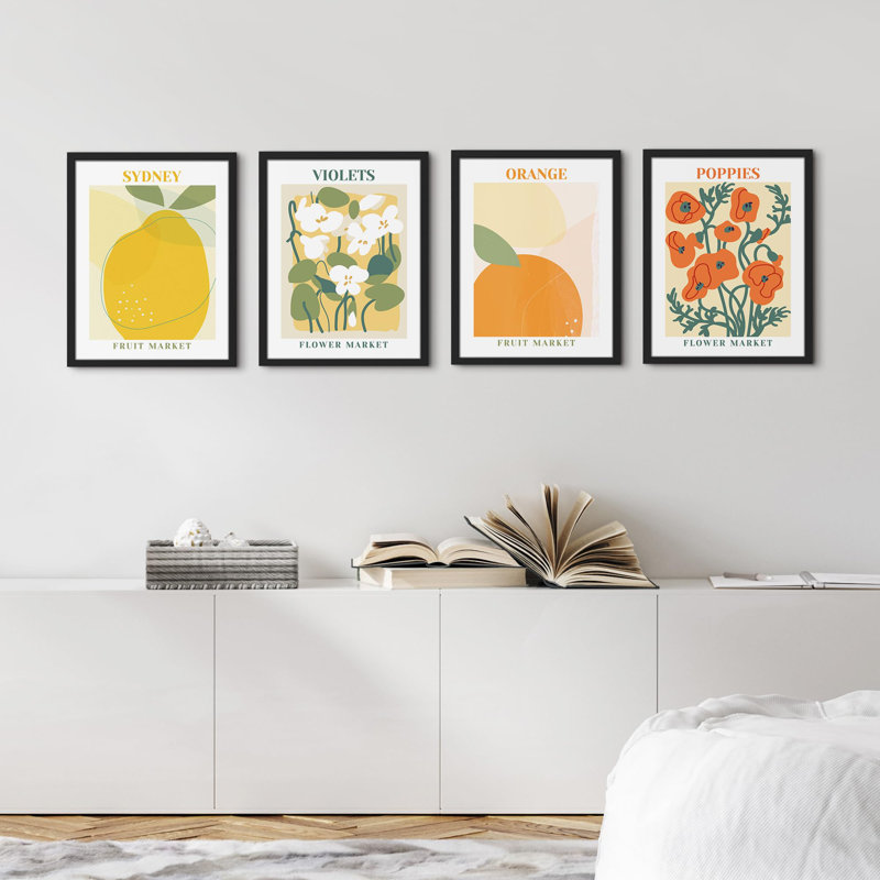 " Sydney Orange Flower Poppies " 4 - Pieces, 10" H x 8" W, Black