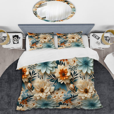 Ensemble de housse de couette à motif floral chaud en terre cuite et bleu