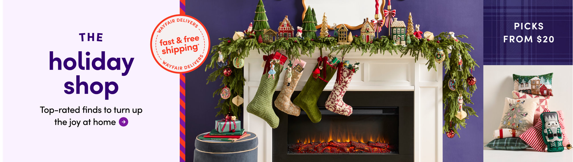 The holiday shop features festive Christmas decor including patterned pillows, a decorated mantel with green stockings, garlands, and a Wayfair fast and free shipping badge.