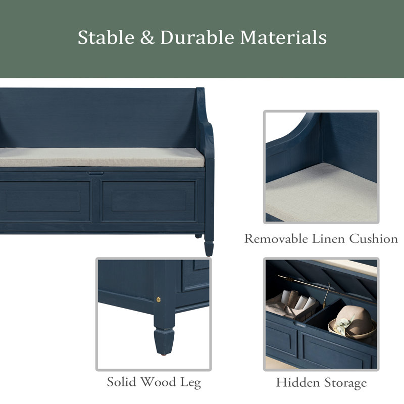 Caellan Upholstered Storage Bench, Antique Navy