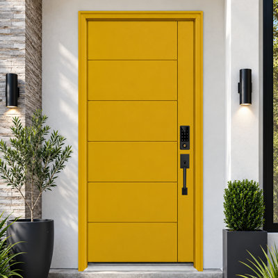 Fiberglass Front Door 36" X 80", Contemporary Brush Finished Slab And Vinly Frame With Door Casing, Knock-Down Easy Installation