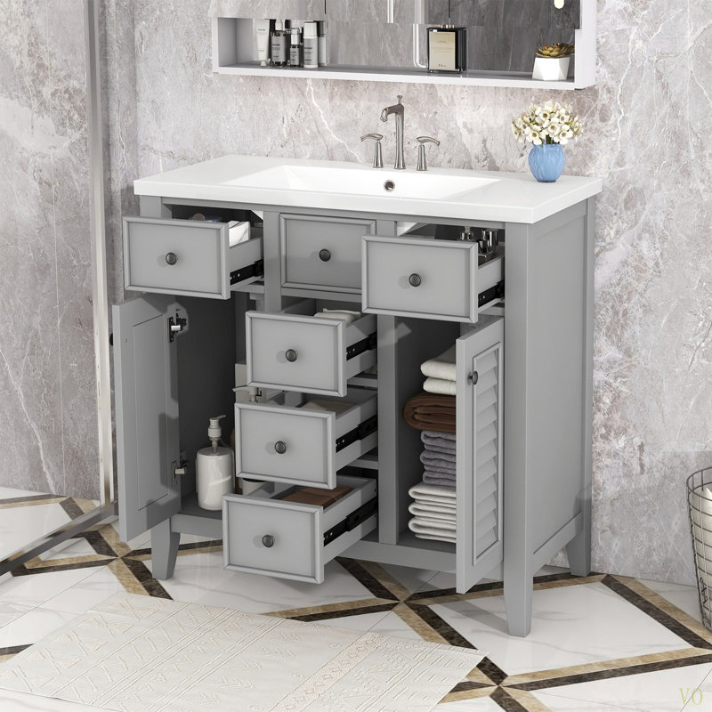 36" Bathroom Vanity With Ceramic Basin, Two Cabinets And Five Drawers, Solid Wood Frame