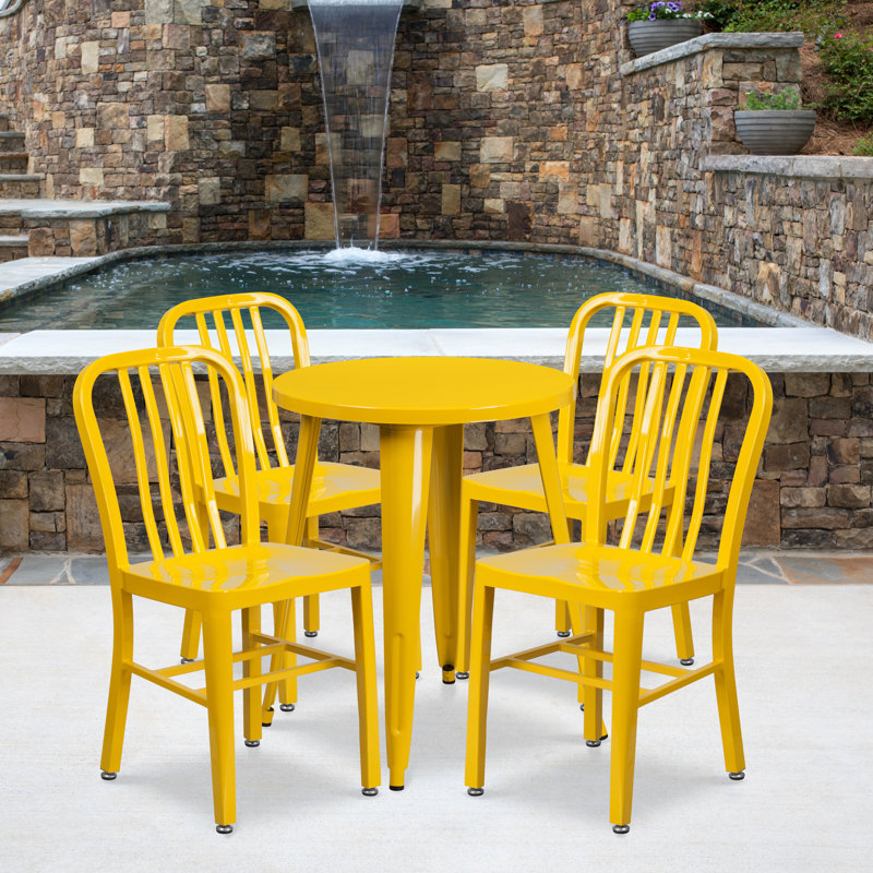 Scotia 24'' Round Metal Indoor-Outdoor Table Set with 4 Vertical Slat Back Chairs, Yellow