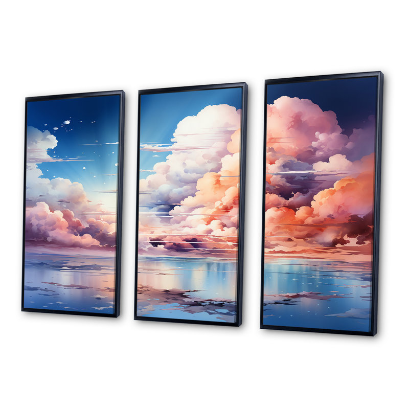 Fantaisie, ciel, paysage, minimalisme - ensemble de décorations murales ciel, H 28 po x l 36 po x P 1 po, Cadre flottant noir