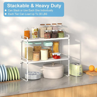 Organisateurs de tablettes d'armoires de cuisine de 15,5 à 25,5 pouces, organisateur de tablettes de comptoir de cuisine réglables, ensemble de 3 tablettes de rangement de comptoir extensibles, conception empilable, 30 lb robuste, économiseur d'espace