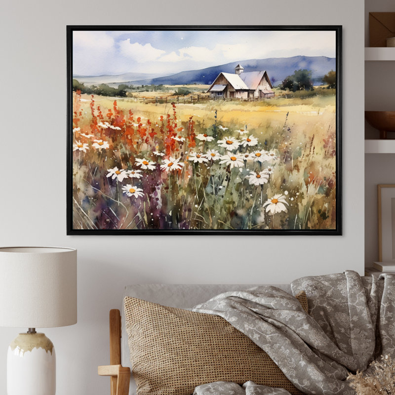 «Green Green Meadow At The Farm I», impressions sur toile florales, H 24 po x l 32 po x P 1 po, Cadre flottant noir