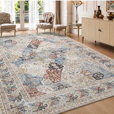 Traditional Medallion Cashmere-Feel Area Rug & Runner, Non-Slip Washable Living Room Carpet