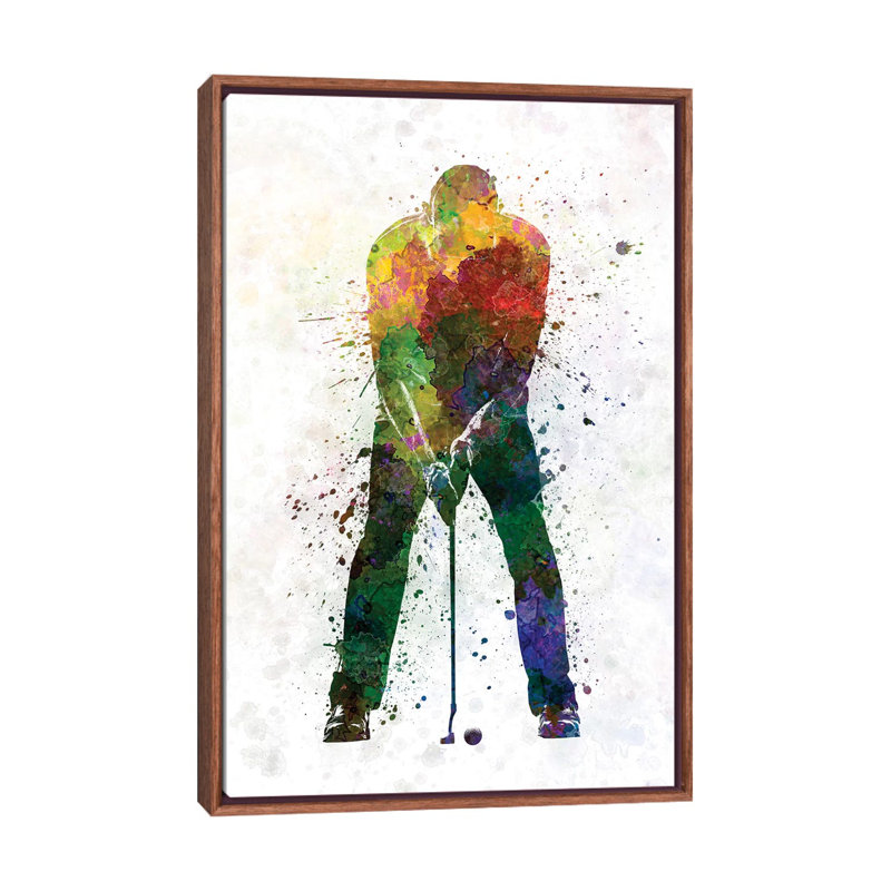«Golfeur Putting Silhouette» par Paul Rommer - impression d'art graphique, Toile avec cadre en bois brun