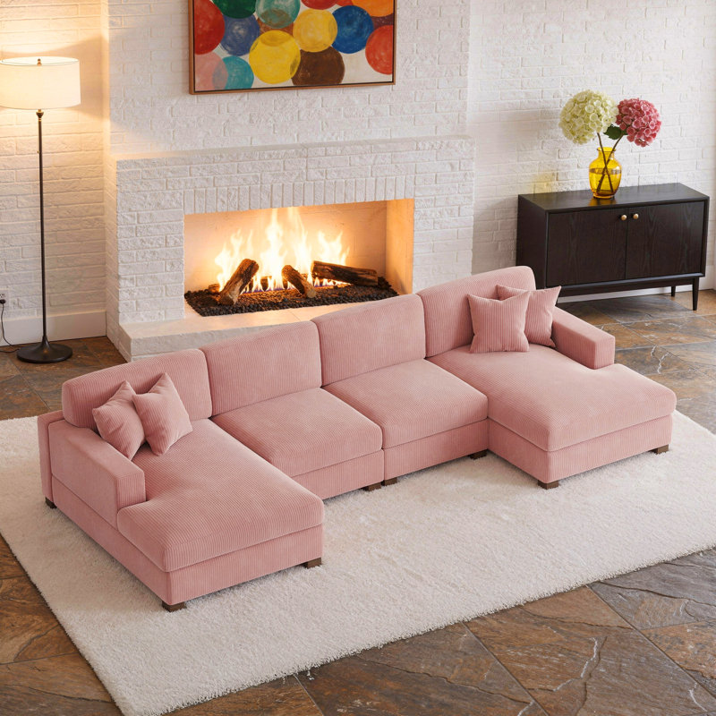 Canapé modulaire en velours côtelé, Velours côtelé rose, H 33 po x l 151 po x P 63 po