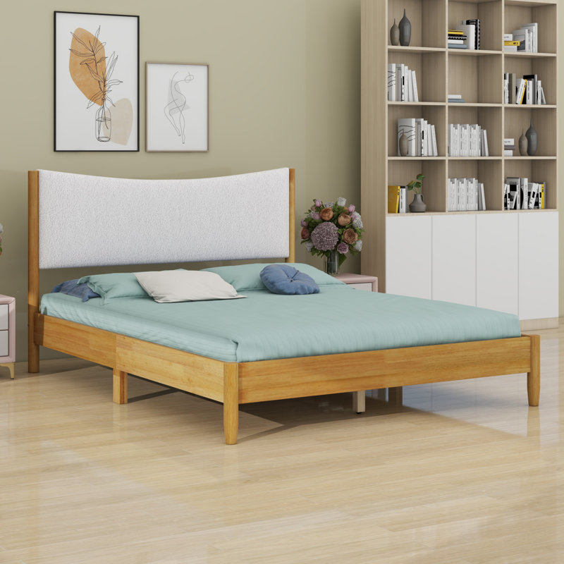 Solid Wooden Bed With  Upholstered Headboard