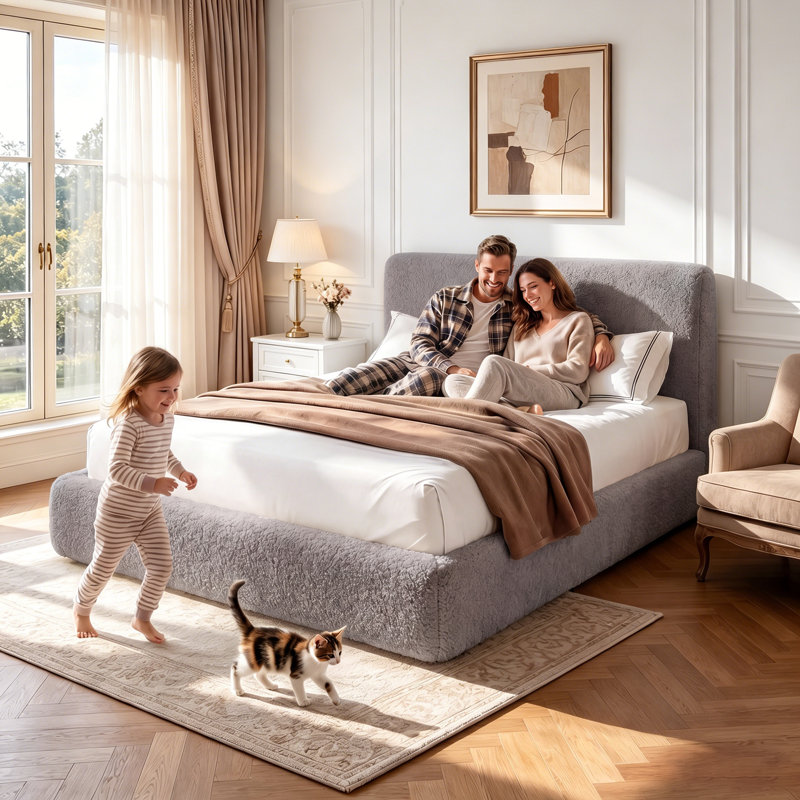 Structure de lit avec tête de lit rembourrée Boucle, Grey, Queen