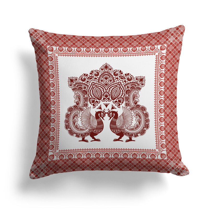 Peacock Prowess  Square Throw Pillow, 26"H x 26"W, White/Red