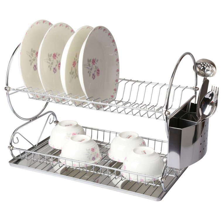 MegaChef Stainless Steal Dish Drying Rack with Drying Mat in Red