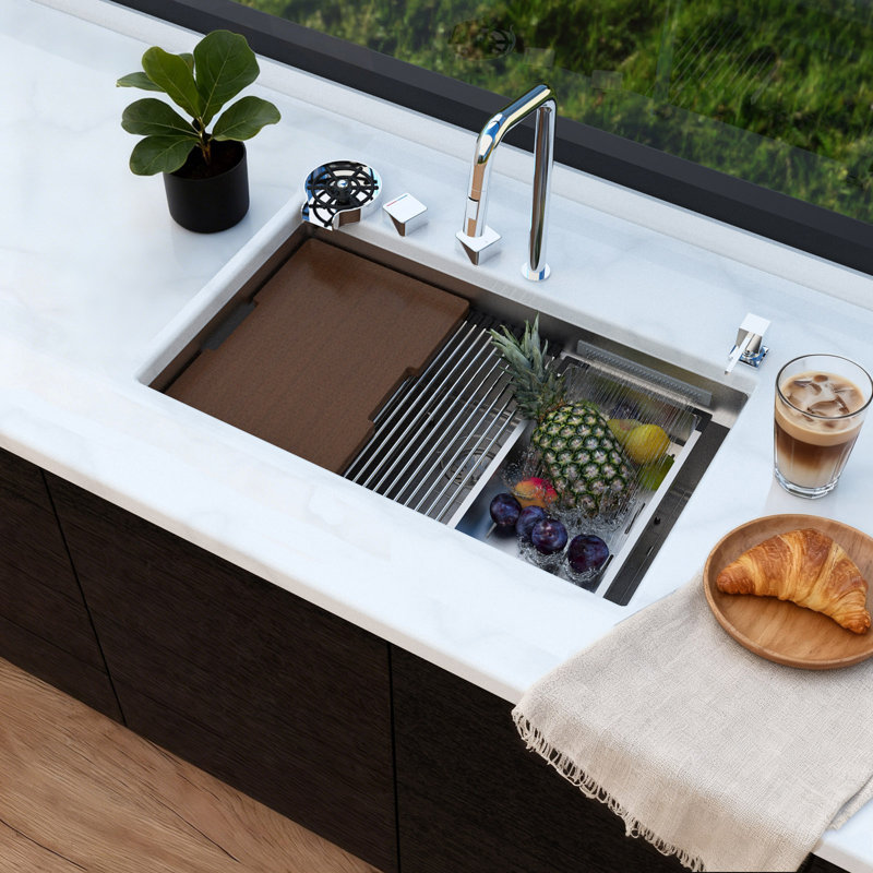 Évier de cuisine encastré carré 33 po x 22 po, évier de cuisine cascade avec robinet, évier simple en acier inoxydable avec station de travail moderne, 33 po x 22 po x 10 po, argent brossé