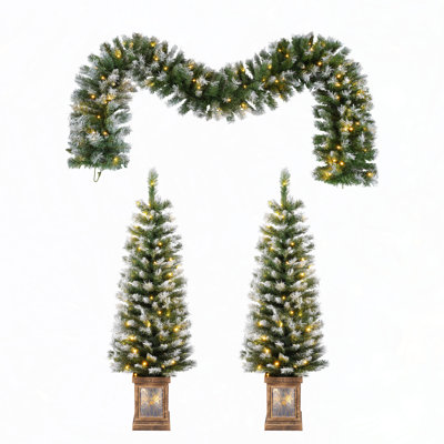 3-Piece Set Artificial Christmas Trees With LED Lights Easy Assembly