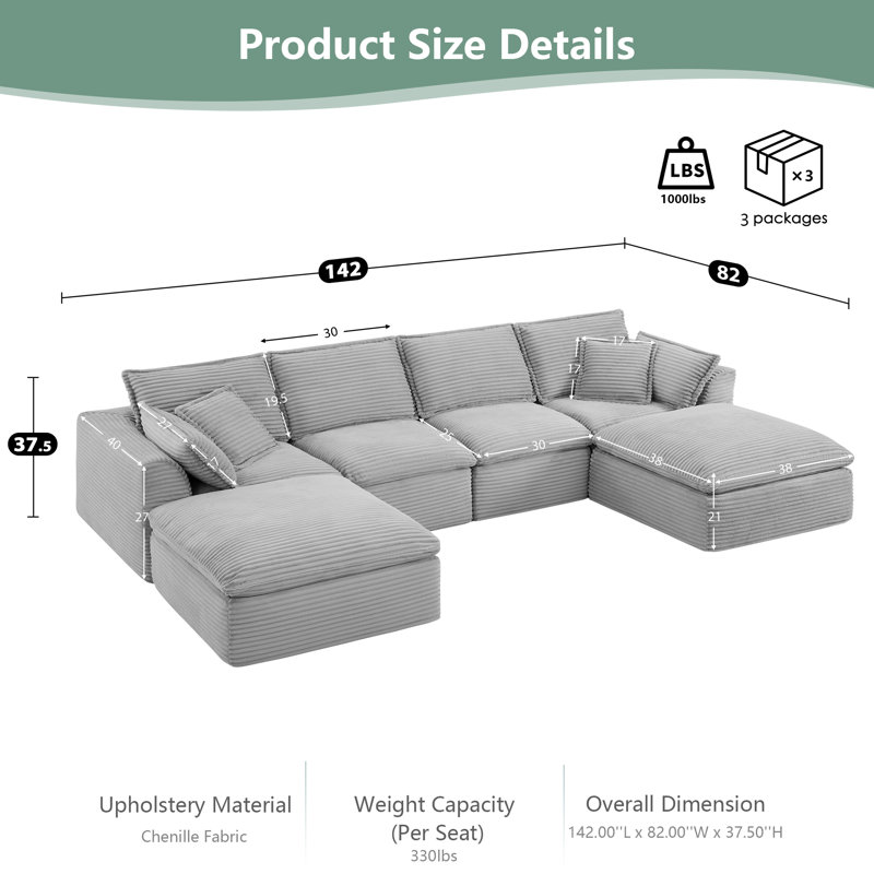 Canapé modulaire en forme de U de 142 po sans os avec repose-pieds - canapé de luxe en chenille à nuage, 6 places extra larges et profondes, livraison entièrement compressée et aucun assemblage requis