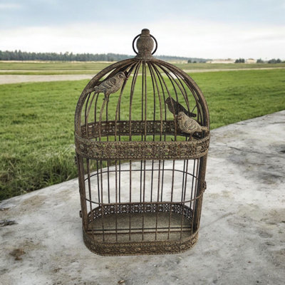 Rusty Bird Cage Garden Wall Mirror Antique Metal Indoor Outdoor Hanging Decorative Accent Decor