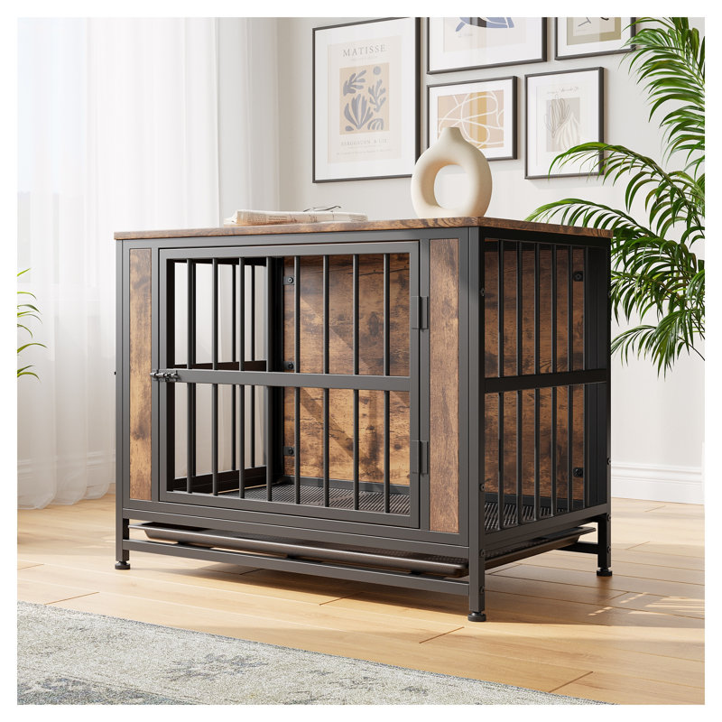 Table de bout rustique en métal et bois pour chien de taille moyenne avec portes coulissantes Rustic Brown