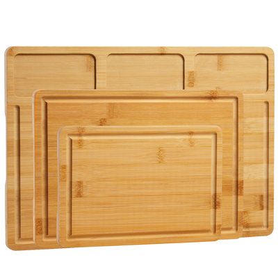 3-Piece Bamboo Cutting Board Set for Kitchen, Versatile Wooden Chopping Boards with Deep Juice Grooves, Inner Handles, Prep Slots, Serving Tray & Butcher Block, For Meat, Vegetables, Fruits & Cheese