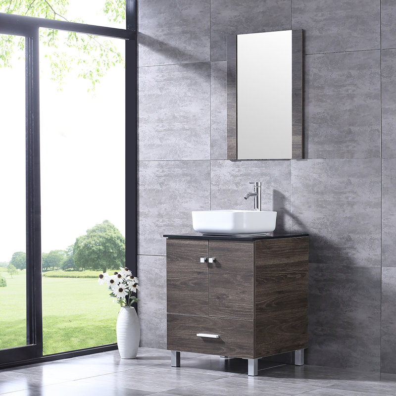 Aldhair 24 " W Freestanding Standard Free Standing Single Double Single Vanity Bathroom Vanity With Tempered Glass Top with Mirror