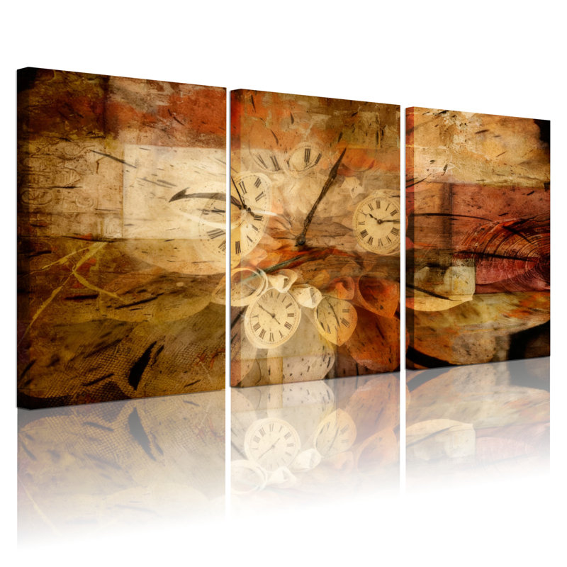 Horloges abstraites et textures rétro, reproduction d'art sur toile tendue sur toile, ensemble de 3, H 24 po x l 48 po