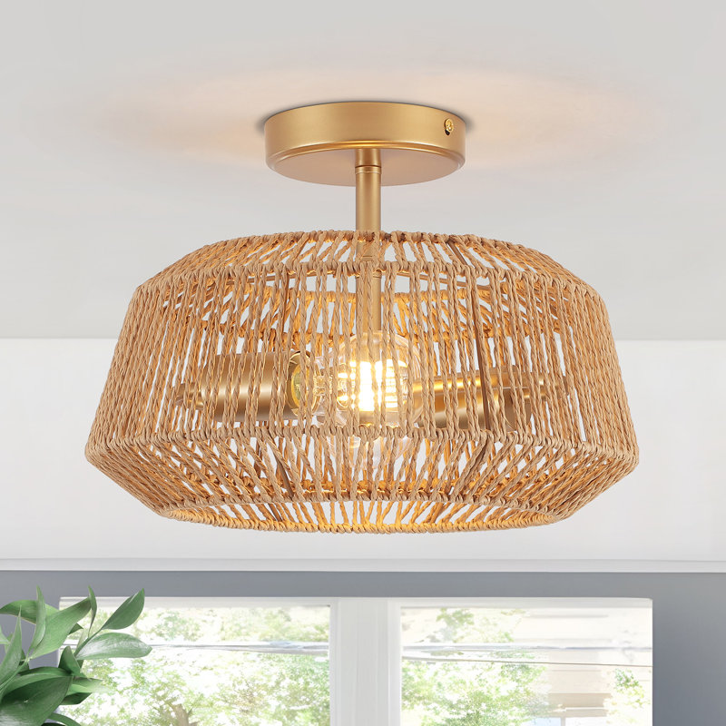 Plafonnier semi-encastré en rotin 2 lumières Tamil, Jaune