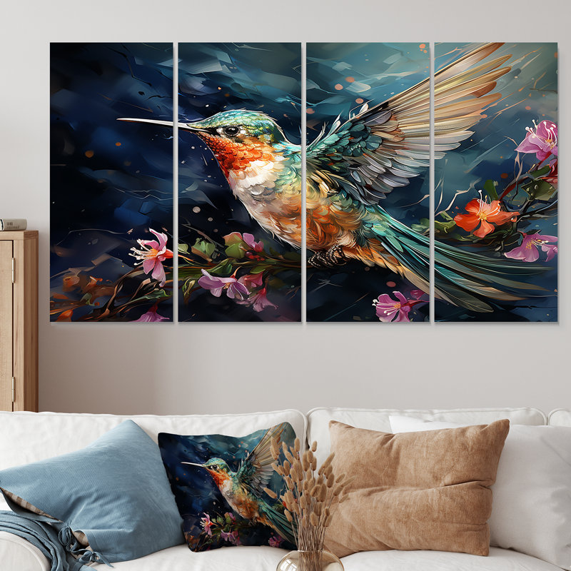 «Green Fluttering Emerald Hummingbird Blooms I - Hummingbird», toile d'art murale 4 pièces, H 28 po x l 48 po