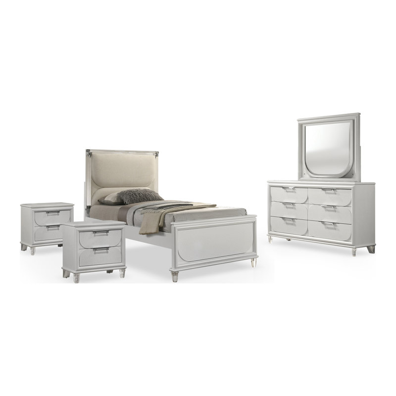 Ensemble de chambre Humberto, Cinq pièces : Lit, 2 tables de chevet, commode, m, Simple