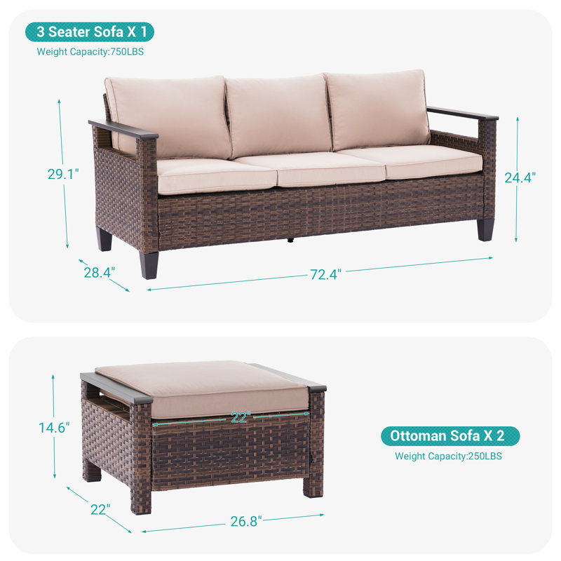 3 Piece Patio Sofa with Ottomans, All-Weather PE Rattan Wicker Sofa, Sand