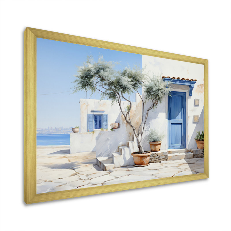 Welke, Grèce, Cycladic Harmony II - Grèce, art mural, H 16 po x l 32 po x P 1 po, Cadre doré simple