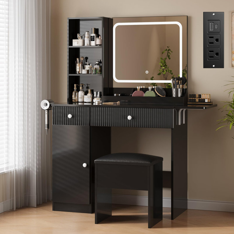 Meuble-lavabo de bureau pliable avec miroir lumineux, éclairage DEL réglable et multiprise intégrée, Black