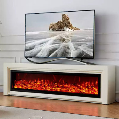 Beige Solid Wood TV Cabinet Fireplace