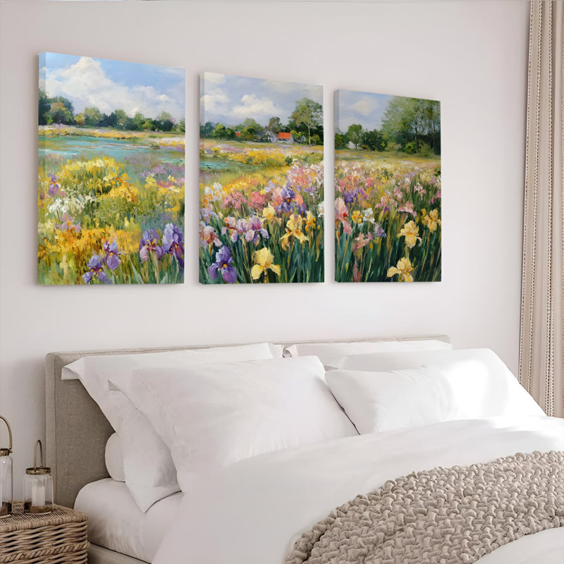 Floral Meadow, peinture à l'huile sur toile tendue, ensemble de 3 impressions pour le décor du salon, H 24 po x l 48 po