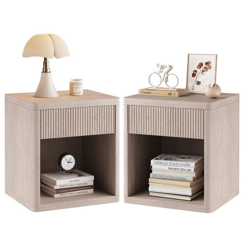 Ensemble de chambre à coucher 3 pièces avec lit plateforme et 2 tables de chevet cannelées, Beige, Full