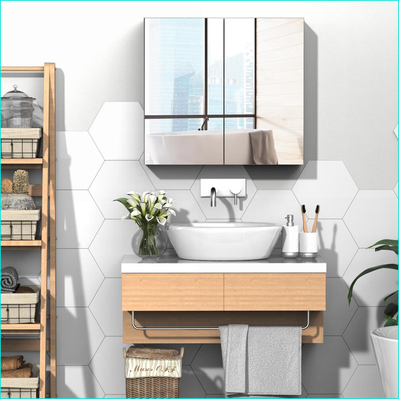 Armoires, armoire de salle de bain à miroir avec cadre double en acier 24 po x 22 po | Blanc neige | Minimaliste