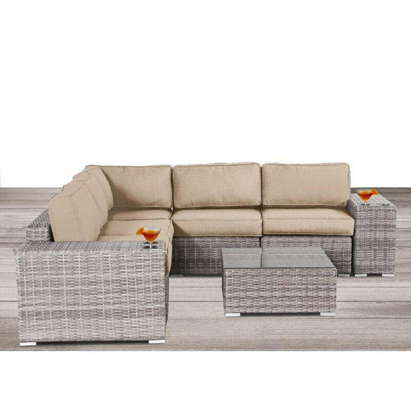 Herlinda 8-Piece Wicker Sectional Seating Group with Sunbrella Cushions, Sunbrella Beige