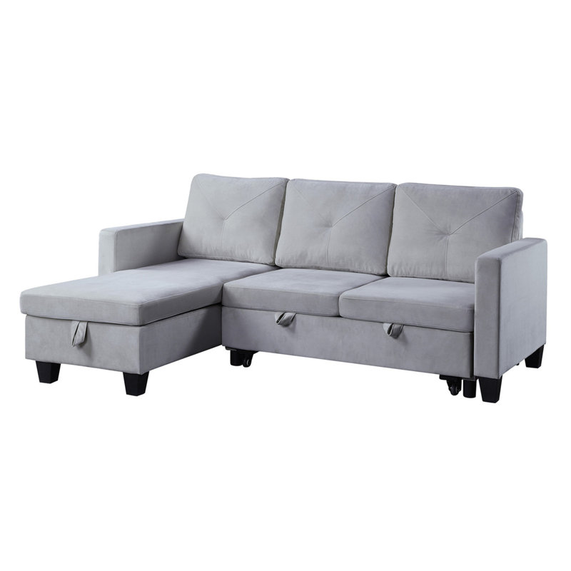Nova 82.5" Light Gray Velvet Reversible Sleeper Sectional Sofa With Storage Chaise, Light Gray Velvet