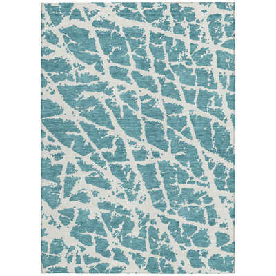 3' X 5' Teal Abstract Washable Non Skid Indoor Outdoor Area Rug