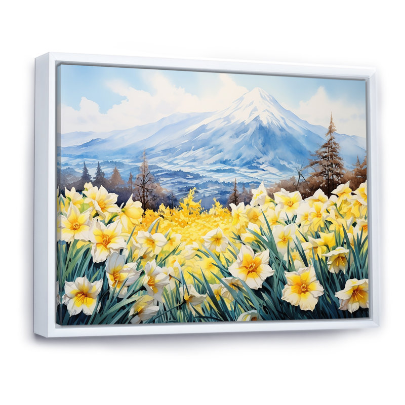 Daffodils Charm in Mountain - Imprimé, H 12 po x l 20 po, Cadre flottant blanc