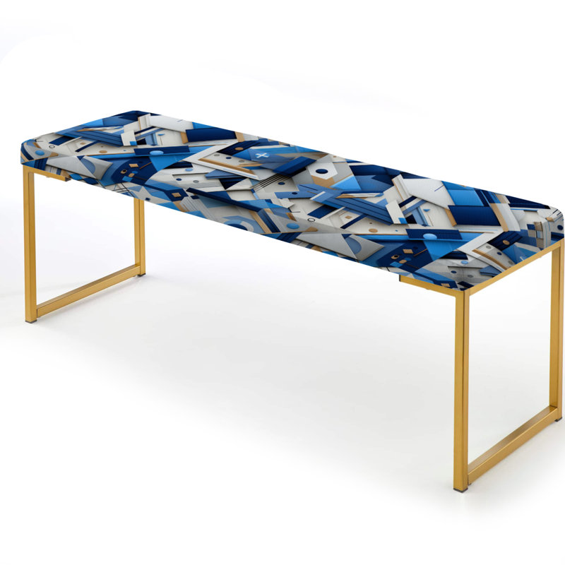 Blue And White Matrix Grid - Geometric Upholstered Gold Bench