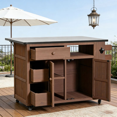 Îlot de cuisine extérieur extensible en bois massif de 19,3 po / 28 po avec plateau à épices en acier inoxydable