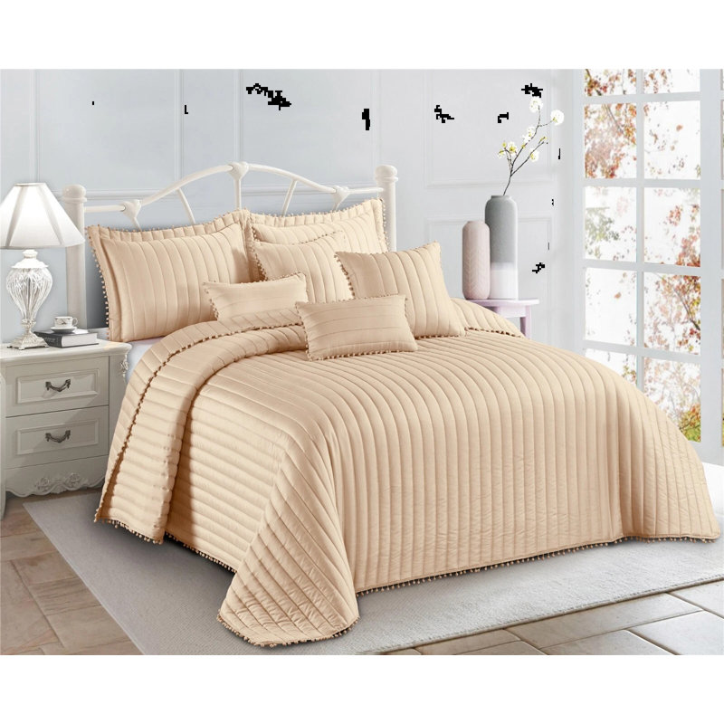 Microfiber / Polyester Bedspread with Pillow Shams, Beige, Super King Bedspread + 2 Standard Shams