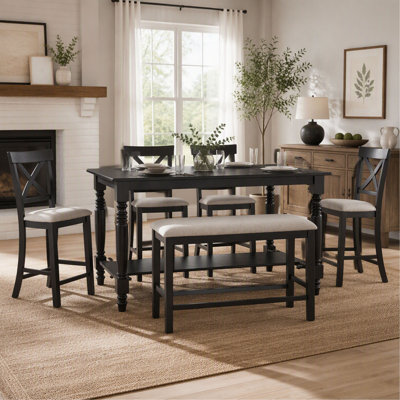 6 Piece Classic Dining Set with Wooden Table, 4 Chairs and Bench, for Kitchen and Dining Room