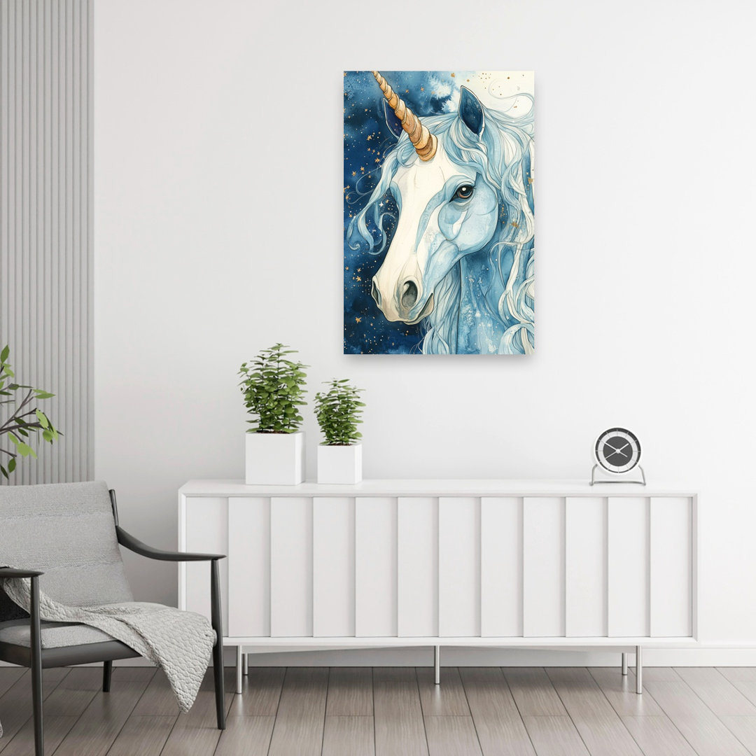 Celestial Blue Unicorn Dreamy Ethereal Mystical Horse Landscape Nature Wall Art Print