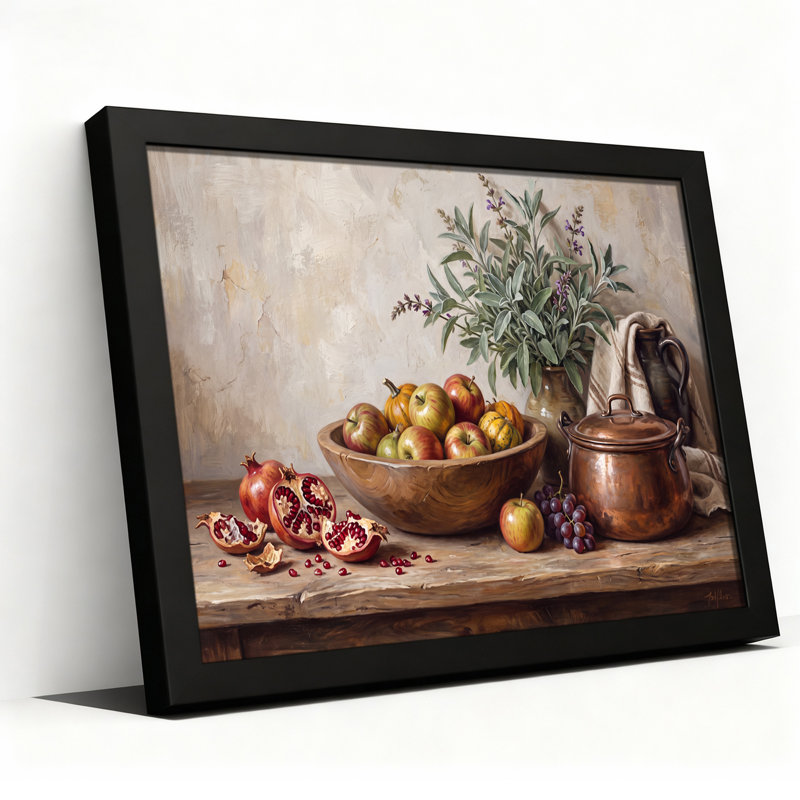 Tableau sur toile représentant des pommes rouges et des grenades dans un bol en bois avec un pot en cuivre, 16"H x 24"W