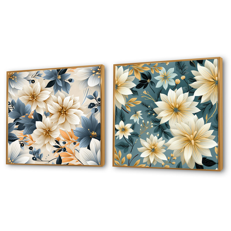 Owings - Ensemble de 2 collages floraux carrés, H 16 po x l 33 po, Cadre flottant doré