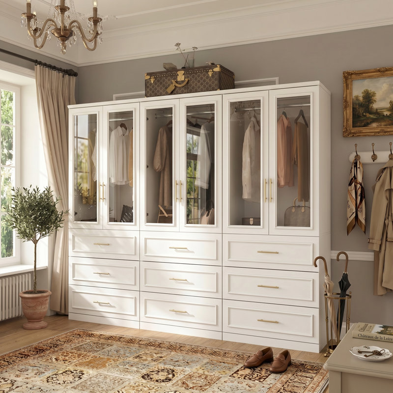 74.9" H x 95.1" W  9-Drawer Glass and Wood Armoire